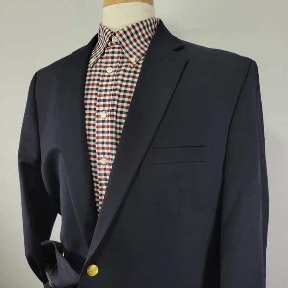 Chaps Men's Sport Coat Blazer Gold Two Button Deep Navy Twill Poly Wool Size 46L